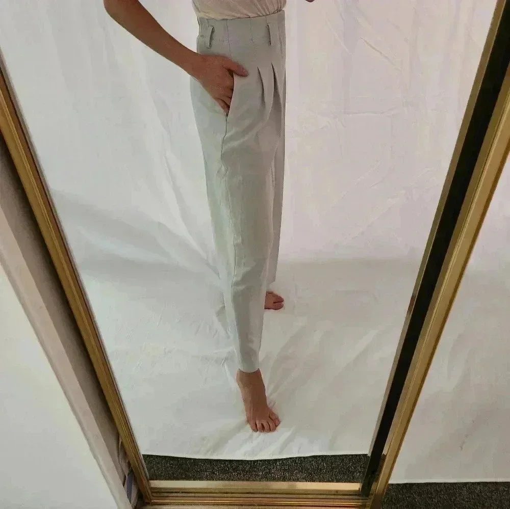 Vintage Pale Blue Wide Leg Trousers High Waisted Pockets Belt Loops Gray Cropped